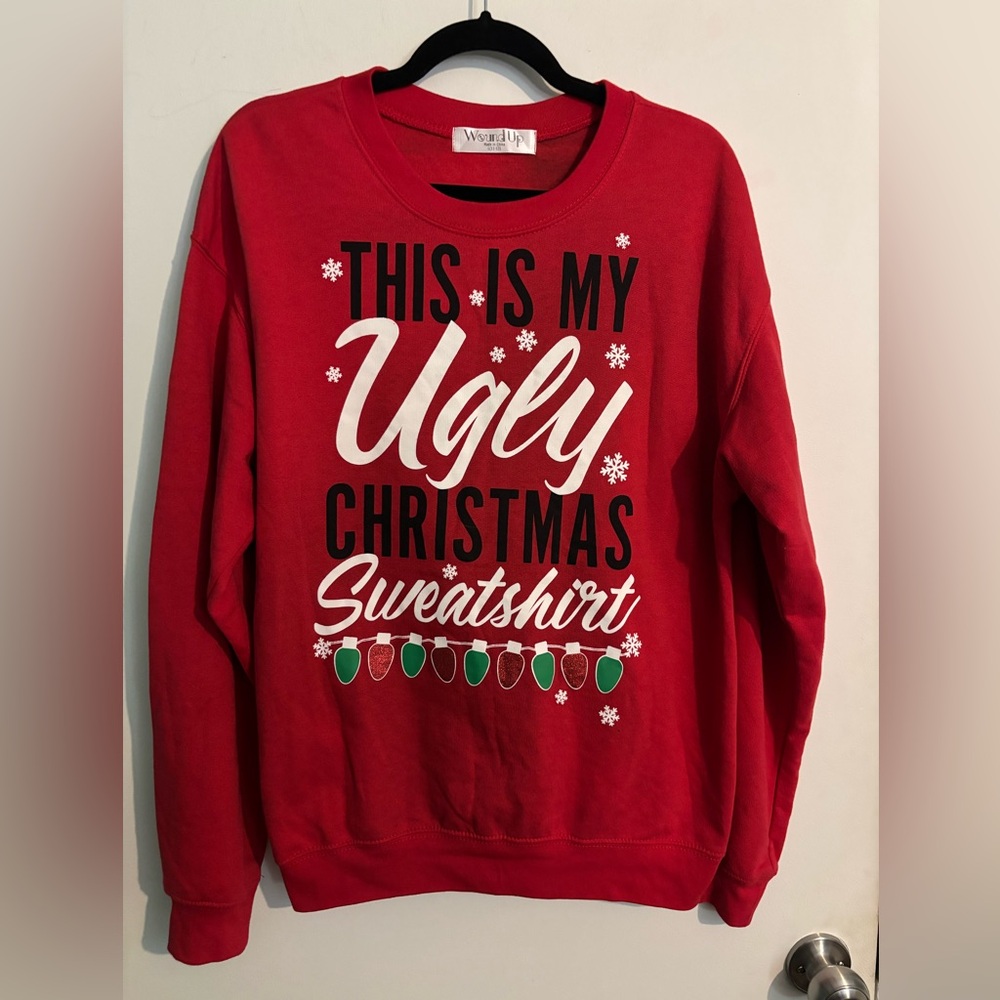 Wound Up Juniors Large This is my Ugly Christmas Sweater Sweatshirt Red Green